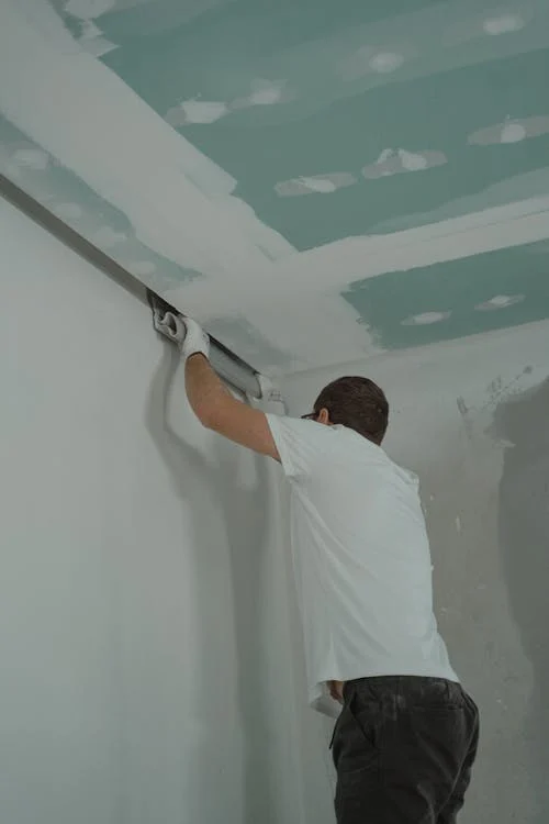 Plaster cladding being applied to an interior wall, creating a smooth and elegant finish — by Cladding Wellington.