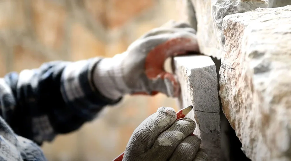 Skilled worker placing stone cladding on a building’s facade, enhancing its aesthetic and durability — by Cladding Wellington.