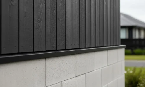 Cladding Levin exterior wall featuring vertical timber cladding with light brick base