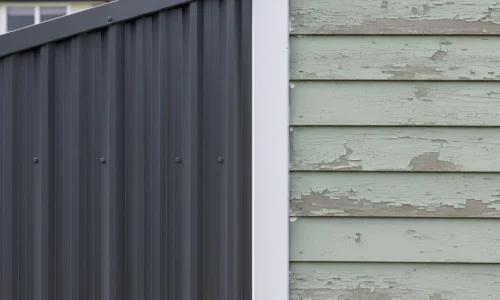 Recladding comparison showing modern metal cladding beside older timber cladding by Cladding Upper Hutt